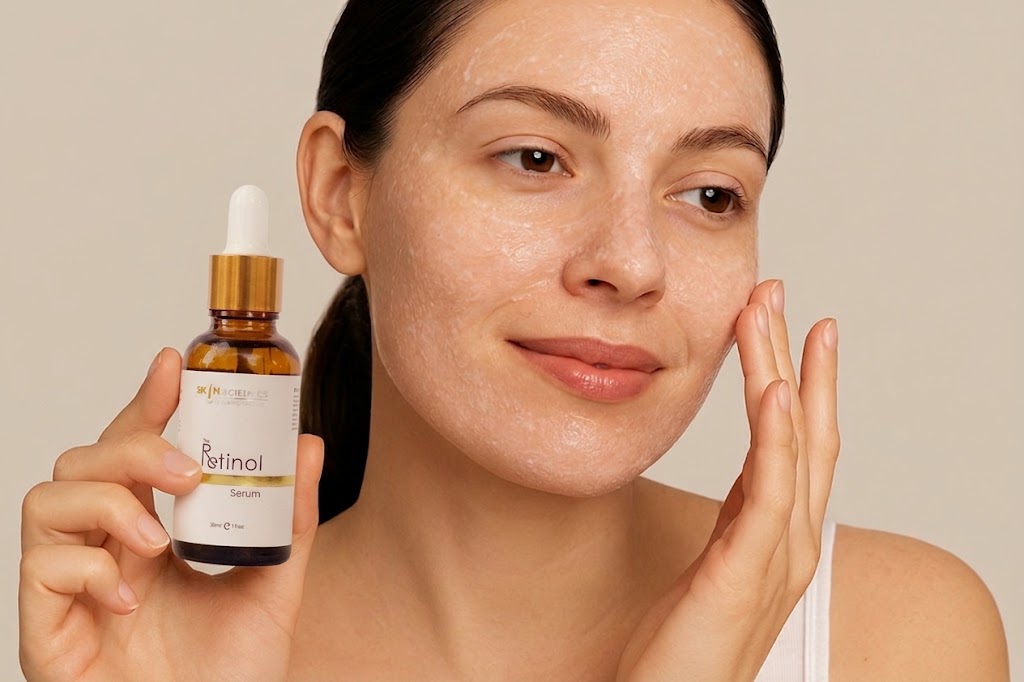 Retinol serum applied to skin for brighter and even-looking complexion